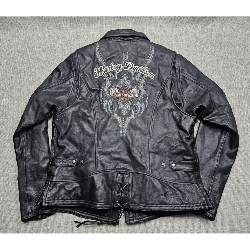 Harley-Davidson Jacket Womens XL Black Leather Embroidered Lace Up Moto Riding